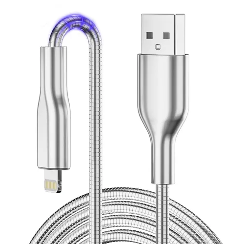 Vista 8 de Cable USB C a Lightning de metal de 6.6 pies, cable de carga a prueba de mordidas para gatos y perros, carga rápida y sincronización de datos, cable