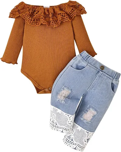 Vista 28 de Conjunto de ropa de bebé niña para bebé, mameluco de encaje blanco de manga larga + pantalones de mezclilla