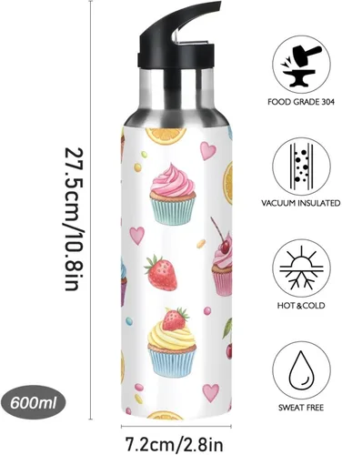 Vista 9 de Insulated Water Bottle 32 Oz, BPA-Free Sport Water Bottle Insulated for Gym Outdoor Travel School, Colorful Cupcakes