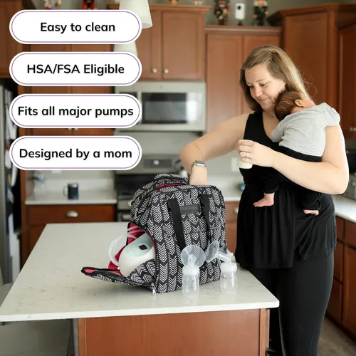 Vista 6 de Bolsa Kelly con extractor de leche Sarah Wells, color blanco y negro Fits All Pumps, Hospital-Grade Pumps, XL Insulated Pocket, Laptop Sleeve