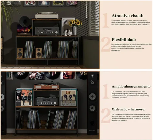 Vista 9 de Sonyabecca Espaciosa mesa de tocadiscos vintage – Capacidad para 150 – 250 álbumes de vinilo, divisores ajustables, áreas de visualización lateral