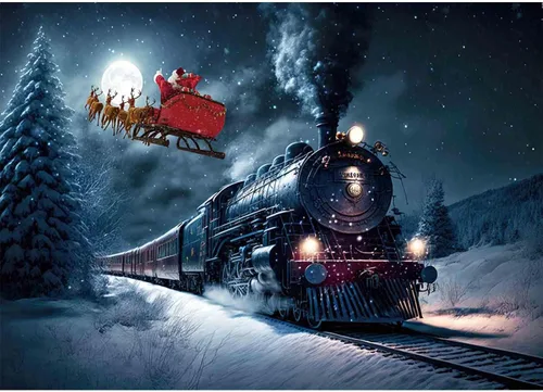 Vista 8 de Fondo de fotografía de tren de Navidad, tren nocturno de invierno, Papá Noel, fondo fotográfico para Navidad, Año Nuevo, fiesta infantil