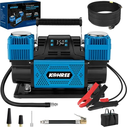 Vista 8 de Kohree Compresor de aire dual del cilindro 12V, inflador rápido