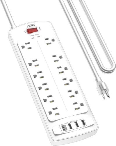 Vista 14 de ALESTOR - Regleta de enchufes con protector contra sobretensiones, 12 tomas de corriente y 4 puertos USB, cable de extensión de 6 pies
