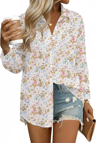 Vista 23 de HOTOUCH Camisas de manga larga con botones para mujer, blusas de lino y algodón, casuales, con cuello holgado, de gasa con bolsillo