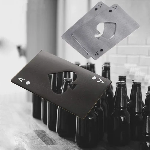 Vista 2 de Goood Poker - Abridor de botellas de cartas, paquete de 4 (2 negras y 2 plateadas), acero inoxidable, abrebotellas de cartas Ace, abridor