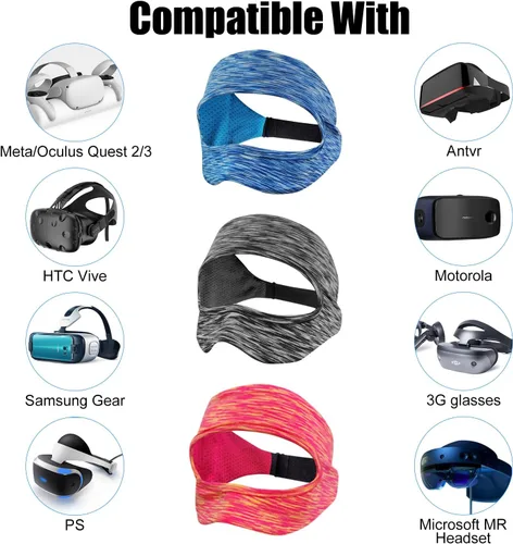Vista 6 de SAYAFAN Máscara de ojos VR, banda de sudor VR transpirable ajustable para MetaOculus Quest 23, HTC Vive, PS, Gear, VR entrenamientos (3 piezas)