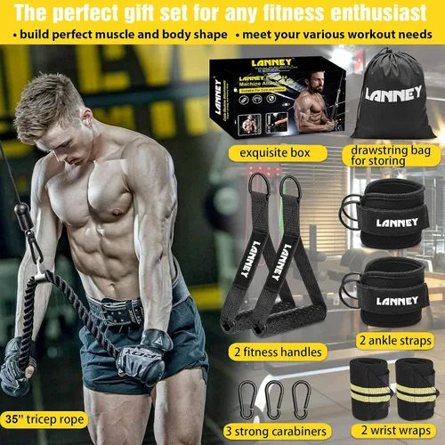 Vista 6 de Accesorio para máquina de cable de tríceps, cuerda de jalón de tríceps de 35 pulgadas, accesorios de jalón LAT, set de accesorios de gimnasio