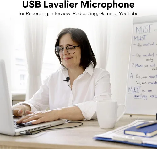 Vista 6 de MAONO Micrófono USB Lavalier, 192KHZ/24BIT Enchufa y usa Omnidireccional Micrófono de solapa Clip de collar de camisa para PC, computadora, Mac