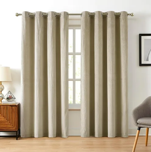 Vista 2 de Warm Home Designs Cortinas de terciopelo beige suave con diseño de damasco en relieve de 84 pulgadas de largo. Cortinas opacas de terciopelo