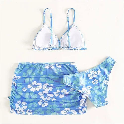 Vista 3 de Traje de baño de 3 piezas para niñas, lindo bikini con salida de baño con falda de playa