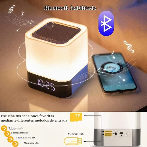 Vista 3 de Altavoz Bluetooth con luces nocturnas, reloj despertador inalámbrico Bluetooth, lámpara de noche con sensor táctil, luces nocturnas que cambian