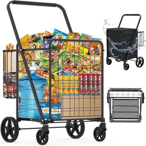 Vista 12 de Carrito de Compras Plegable de Servicio Pesado para Comestibles, Carritos de Comestibles Jumbo con Ruedas Giratorias de 360°, Bolsa Impermeable