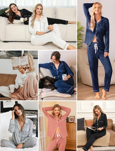 Vista 5 de Leikar Button Up Pajamas For Women Long Sleeve Viscose Soft Pjs Lounge bean paste