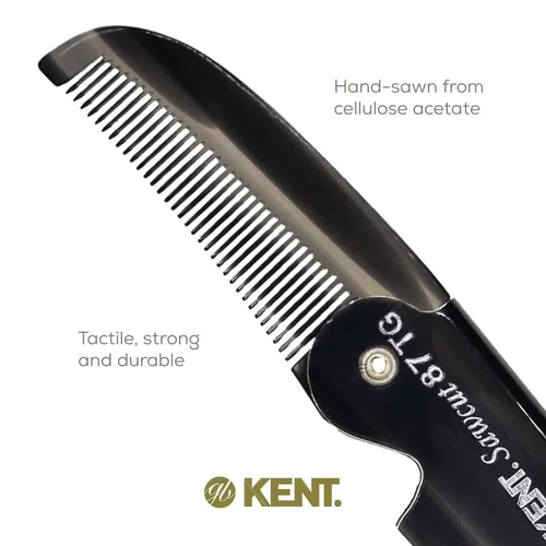 Vista 5 de Kent 87T - Peine de bolsillo plegable hecho a mano de grafito para hombres, peine alisador de pelo de dientes finos para el cuidado diario