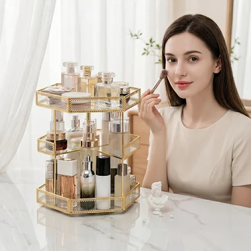 Vista 7 de ZOOFOX Organizador de maquillaje de vidrio giratorio de 360 grados, soporte grande de almacenamiento de cosméticos con ribete dorado para tocador