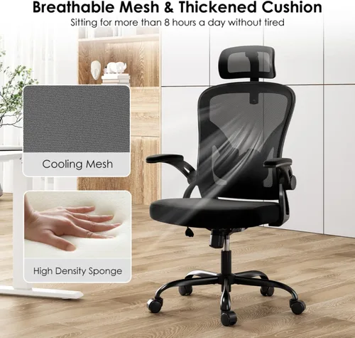 Vista 6 de Silla de oficina ergonómica, silla de escritorio para el hogar con reposacabezas ajustable y giratorio de 30°, soporte lumbar ajustable vertical