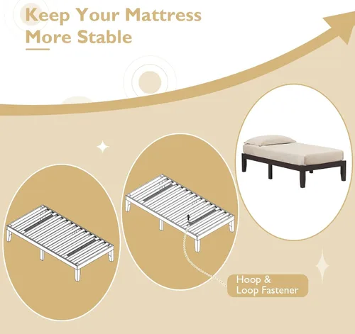 Vista 8 de COSTWAY Base de cama de plataforma de tamaño individual, base de colchón de madera de goma maciza de 14 pulgadas con soporte de listones