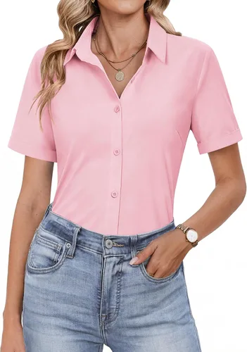 Vista 15 de HOTOUCH Camisas con botones para mujer, camisas de vestir de manga corta, blusas casuales de negocios, blusa de trabajo de oficina