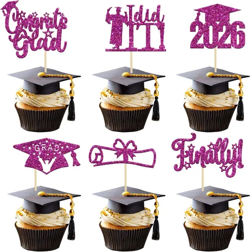 Vista 33 de Paquete de 24 adornos para cupcakes de clase 2026 con purpurina 2026 Felicidades Graduación Diploma Done Cupcake Picks 2026 Graduación Temática
