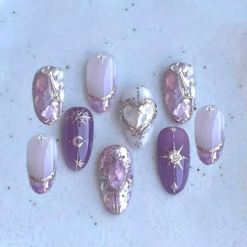 Vista 17 de 24 piezas de uñas postizas de punta francesa a presión, uñas postizas medianas en forma de almendra con diseño de ondas azul oscuro, uñas postizas