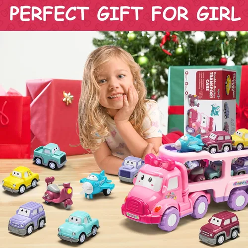 Vista 5 de Vehículo de juguete de dibujos animados para niña pequeña, camión transportador rosa 9 en 1 para bebés, automóvil de transporte de energía
