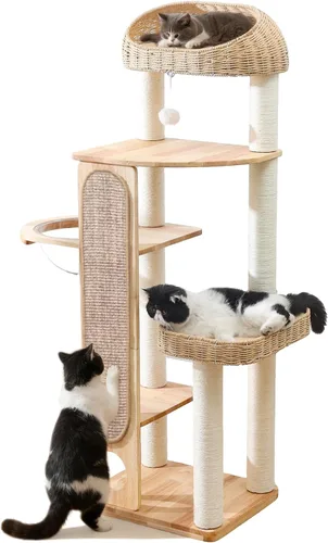 Vista 9 de Árbol de madera maciza para gatos grandes, torre moderna para gatos de 48 pulgadas con cestas tejidas a mano, condominio para gatos de varios
