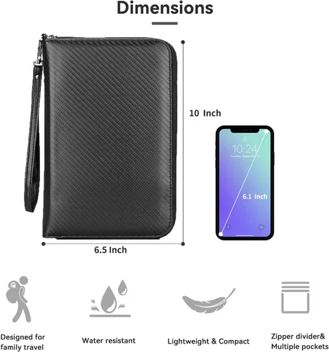 Vista 6 de Alameda - Cartera para pasaporte de viaje Organizador de tarjetas de fibra de carbono para documentos con correa de muñeca desmontable, cartera