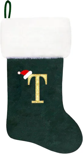 Vista 23 de Calcetines de Navidad bordados de 20 pulgadas con monograma, terciopelo negro con puño de felpa blanca supersuave, adornos clásicos para decoración