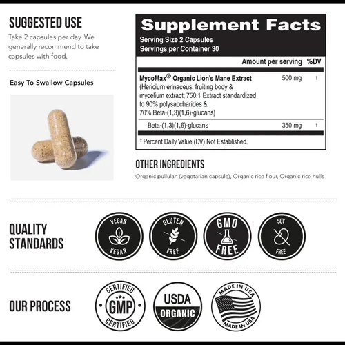 Vista 3 de Suplemento de Hongos Mane de León MycoMax - 70% Beta Glucanos, Extracto Orgánico de Mane de León de Máxima Potencia, Cultivado en EE. UU. +