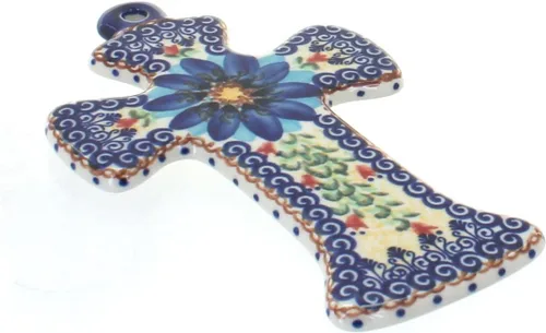 Vista 12 de Cerámica polaca de rosa azul - Cruz de Alyssa amarilla - 7" x 4.5" - Cruz de pared de cerámica polaca pintada a mano