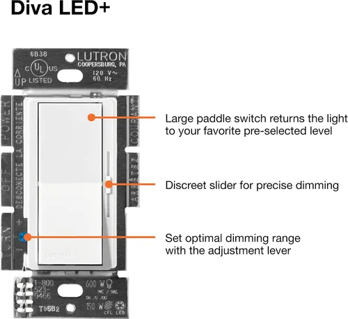 Vista 9 de Lutron Diva LED+ Interruptor Regulador de Luz para Bombillas LED Regulables, Halógenas e Incandescentes, 150 Vatios, Unipolar o 3 Vías, Almendra