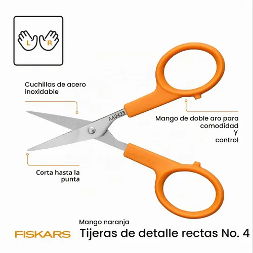 Vista 2 de Fiskars Tijeras con mango naranja de corte recto, hojas de acero inoxidable, mango ambidiestro de doble asa