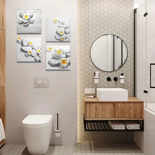 Vista 6 de Lienzo decorativo para pared, 4 piezas, decoración de baño, arte de pared, cuadros amarillos y grises, flores y piedra de guijarro, cuadros modernos