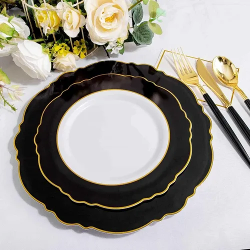 Vista 4 de WDF 30 Invitados - Platos de plástico negro y dorado, platos de Año Nuevo, cubiertos de plástico dorado con mango negro, vajilla desechable barroca