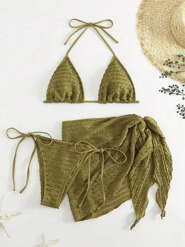 Vista 3 de GORGLITTER Traje de baño de 3 piezas para mujer, conjunto de bikini de triángulo halter con falda de playa