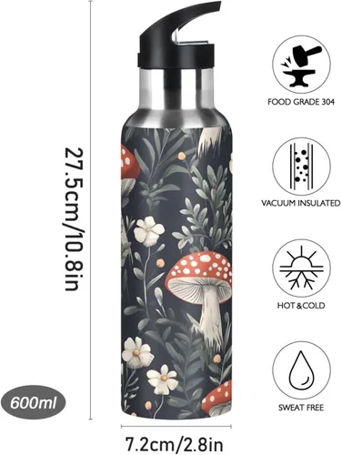 Vista 9 de Insulated Water Bottle 32 Oz, Leakproof Water Bottles for Gym Outdoor Travel School, Red Mushrooms White Flowers