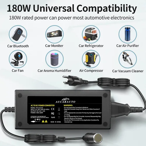 Vista 8 de Convertidor de CA a CC de 180W/15A, convertidor de 110-240V a 12V, adaptador de fuente de energía AC/CC del encendedor de cigarrillos de 7,64 pies