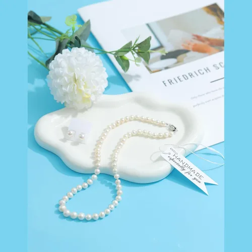 Vista 6 de Juego de collar y aretes de perlas, collar de perlas reales, conjuntos de joyas para mujer 18 a 19 pulgadas AAAACollar de perlas de agua dulce