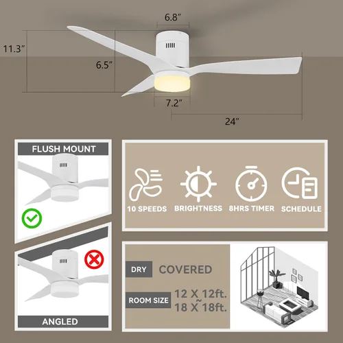 Vista 5 de SMAAIR Ventilador de techo inteligente de 52 pulgadas con luces y motor de CC de 10 velocidades, funciona con control remoto, Alexa/Google