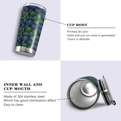 Vista 2 de Plant Green Monstera Deliciosa Stainless Steel vacuum insulated water bottle with Straw Leak Resistant Flip travel coffee mug for outdoor reusable
