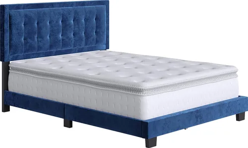 Vista 4 de Boyd Sleep Pisa - Base de cama de terciopelo azul tamaño Queen totalmente tapizada con cabecero ajustable, no requiere somier, fácil montaje, sin