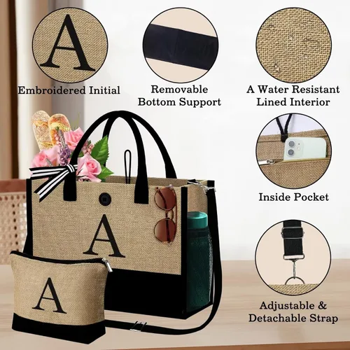Vista 6 de YOOLIFE Bolsa de yute con inicial con bolsa de maquillaje, bolsa de playa con cremallera ajustable para el día de la madre, regalos de cumpleaños