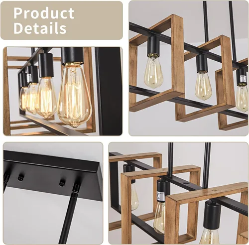 Vista 6 de Lámpara colgante de comedor de granja, para isla de cocina, rústica, 4 luces, madera y metal negro, lámpara rectangular para colgar en el techo