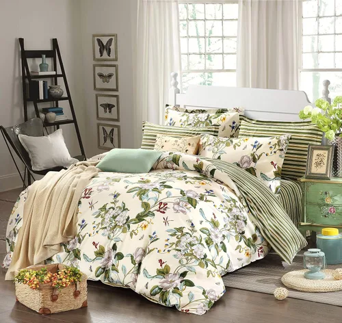 Vista 5 de FADFAY Juego de funda de edredón floral 100% algodón a rayas verdes y beige, ropa de cama de flores desgastadas con diseño de ramas botánicas