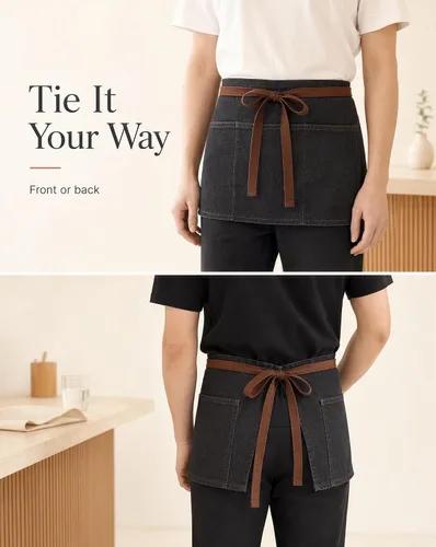 Vista 4 de Toyvian Durable Denim Waist Apron with 3 Pockets Unisex, Short Half Server Apron for Waiter Waitress, Bar, Cafe & Kitchen