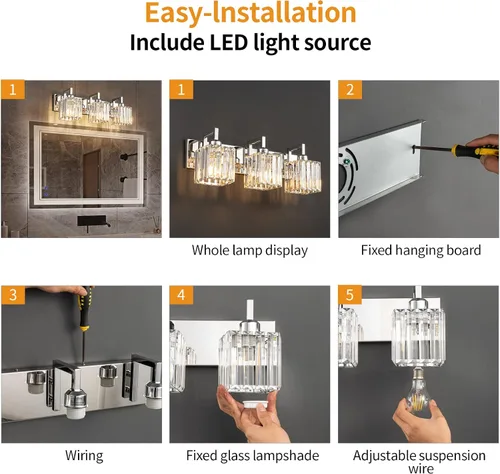 Vista 6 de Grehge n Crystal - Lámpara de pared de cristal con 3 luces, cromada, moderna, de cristal