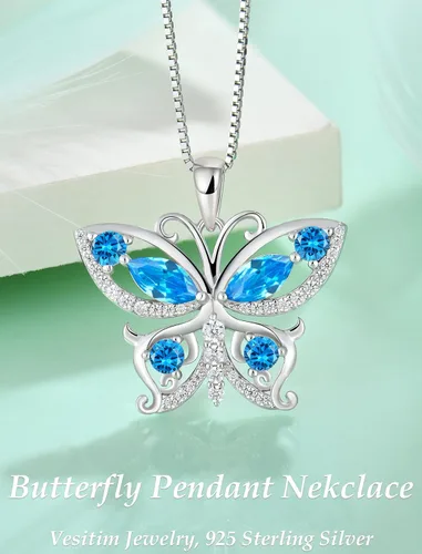Vista 4 de Vesitim 925 Sterling Silver Butterfly Diamond Necklace Women Birthstone Cubic Zirconia Pendant Butterfly Pendant Necklace Delicate Jewelry for