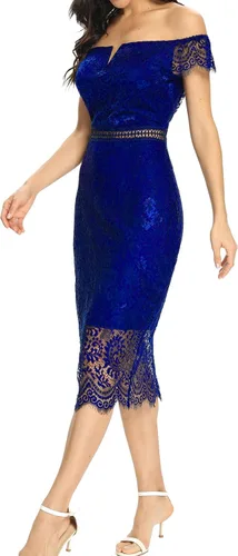 Vista 4 de Women's Elegant Floral Lace Round Neck Short Sleeves Knee Length Bodycon Cocktail Lace Dress