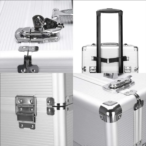 Vista 5 de Flandre Estuche de aluminio 3 en 1, organizador de cosméticos de belleza, caja de viaje de maquillaje, caja de tren con ruedas, bandejas plegables